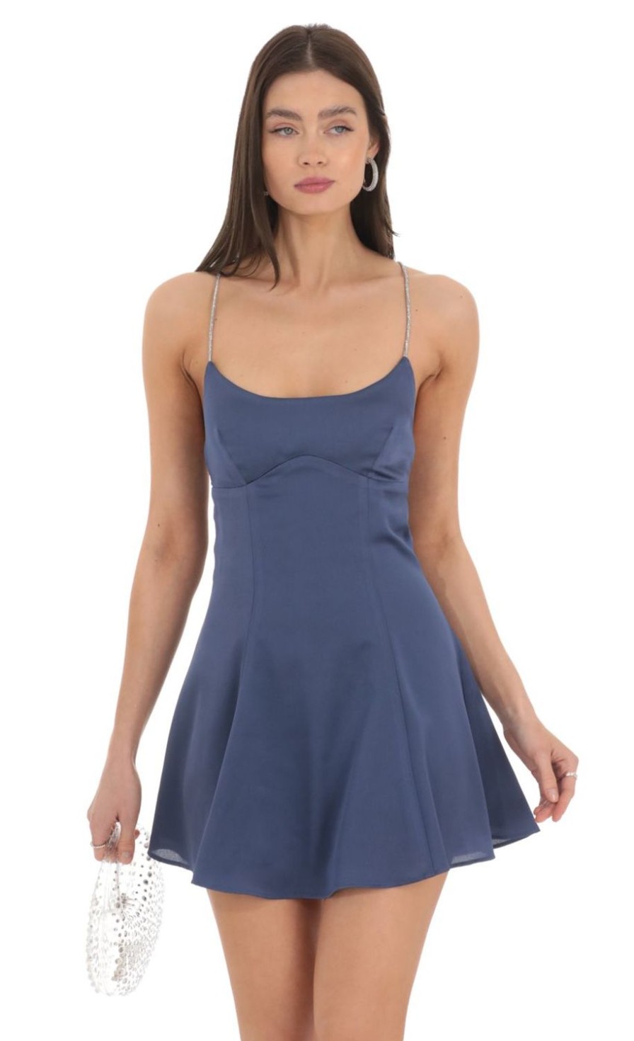 Clothing LUCY IN THE SKY | Rhinestone Satin A-Line Dress In Blue | Lucy In The Sky