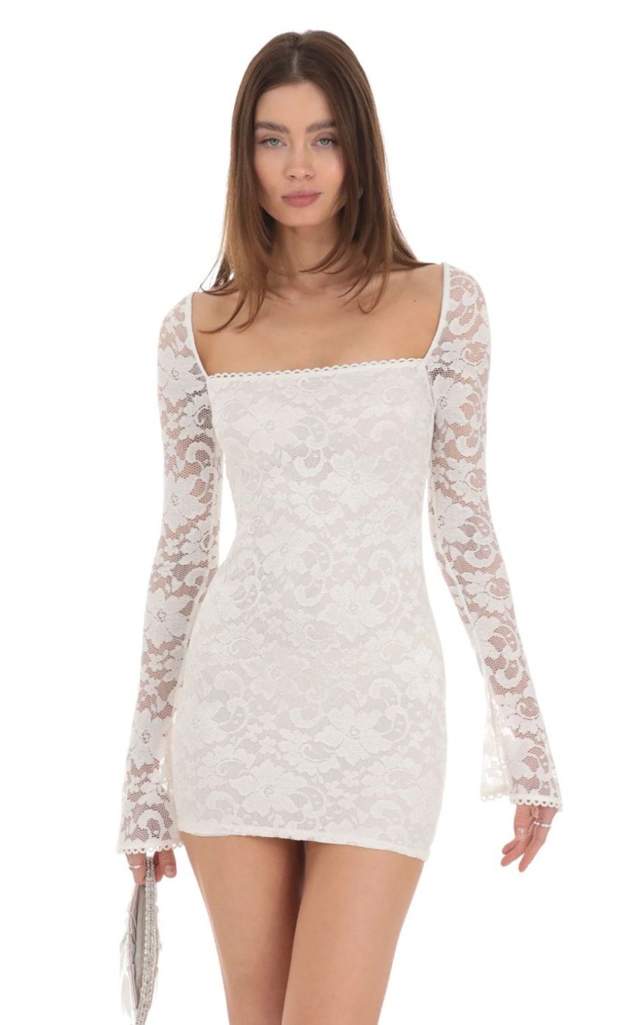 Clothing LUCY IN THE SKY | Lace Long Sleeve Bodycon Dress In White | Lucy In The Sky