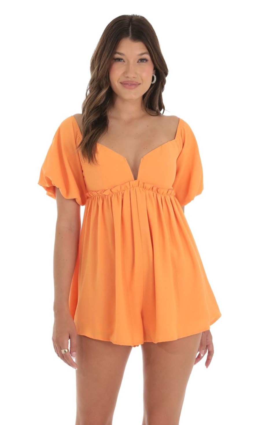 Clothing LUCY IN THE SKY | Adie Puff Sleeve Romper In Orange | Lucy In The Sky