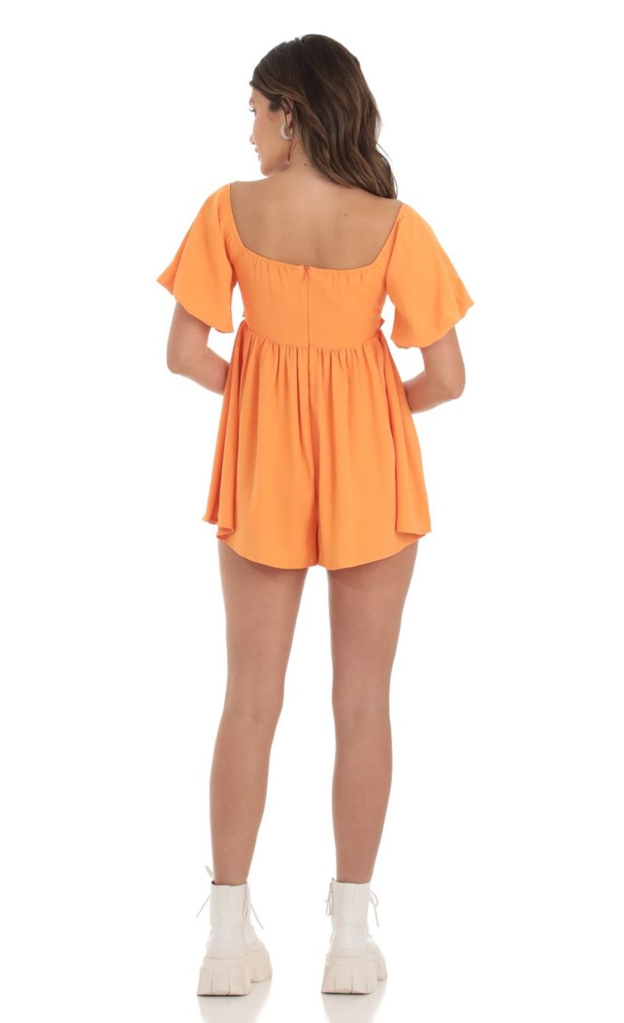 Clothing LUCY IN THE SKY | Adie Puff Sleeve Romper In Orange | Lucy In The Sky