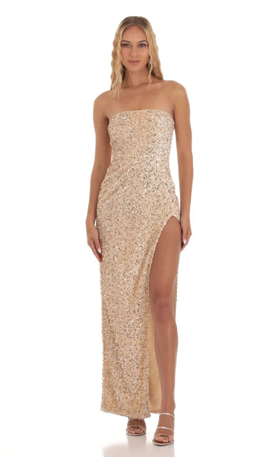 Clothing LUCY IN THE SKY | Birch Velvet Sequin Strapless Dress In Champagne | Lucy In The Sky