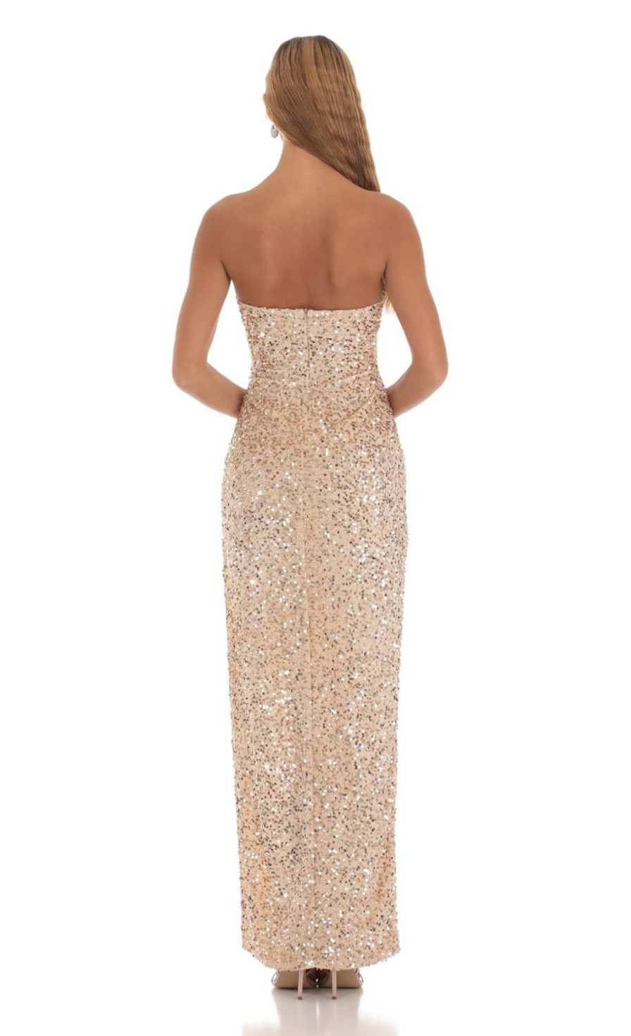 Clothing LUCY IN THE SKY | Birch Velvet Sequin Strapless Dress In Champagne | Lucy In The Sky