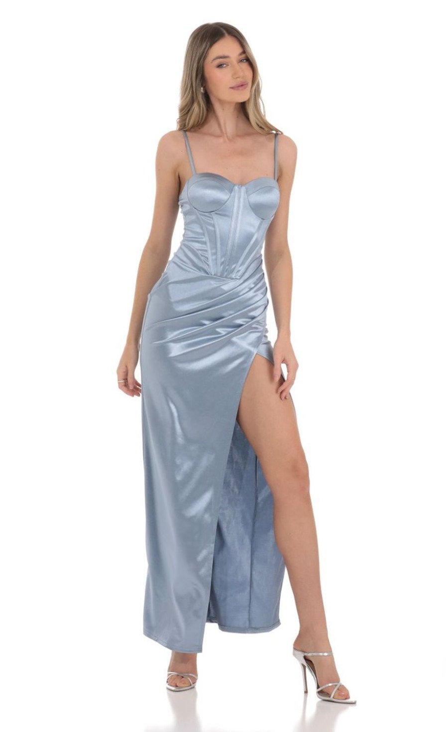 Clothing LUCY IN THE SKY | Satin Corset Maxi Dress In Blue | Lucy In The Sky