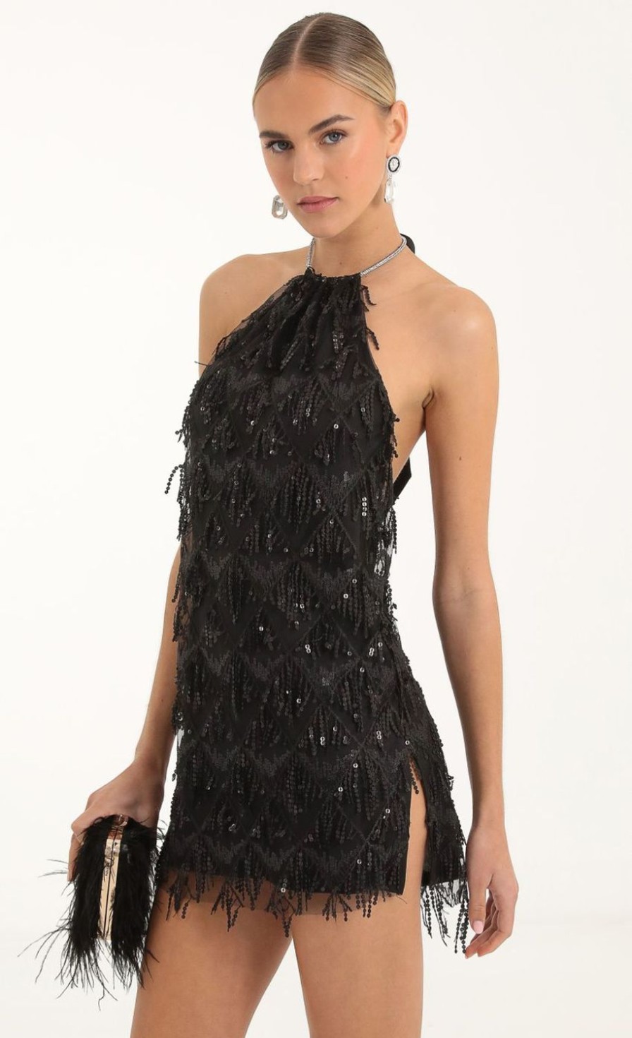 Clothing LUCY IN THE SKY | Vesper Fringe Sequin Halter Dress In Black | Lucy In The Sky