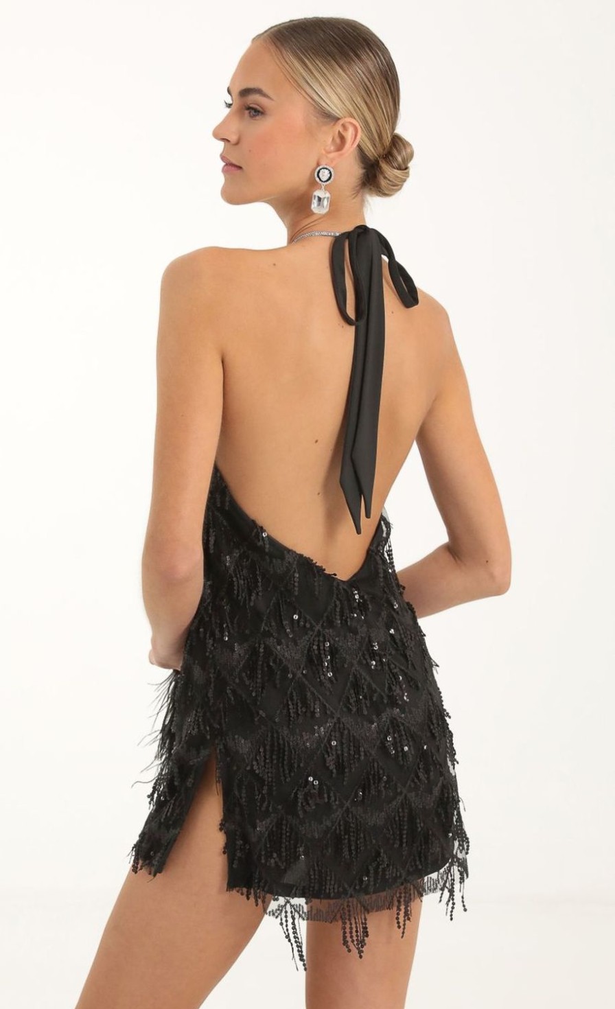 Clothing LUCY IN THE SKY | Vesper Fringe Sequin Halter Dress In Black | Lucy In The Sky