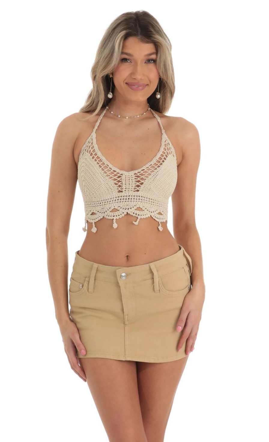 Clothing LUCY IN THE SKY | Gyda Crochet Top In Beige | Lucy In The Sky