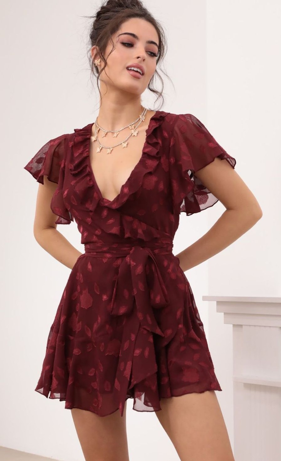 Clothing LUCY IN THE SKY | Betty Wrap Dress In Merlot Floral Chiffon | Lucy In The Sky