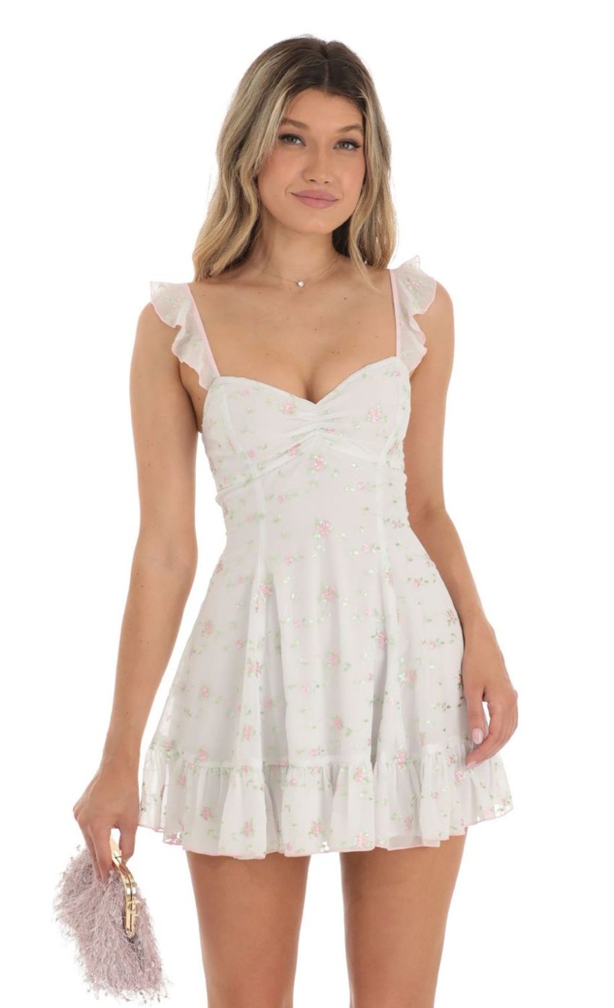 Clothing LUCY IN THE SKY | Aphrodite Floral Chiffon Dress In White | Lucy In The Sky