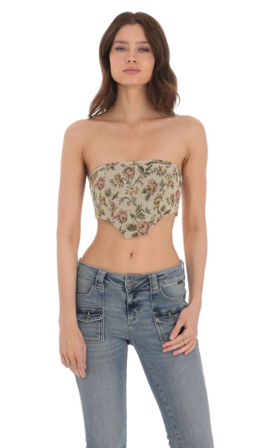 Clothing LUCY IN THE SKY | Strapless Floral Corset Top In Tan | Lucy In The Sky