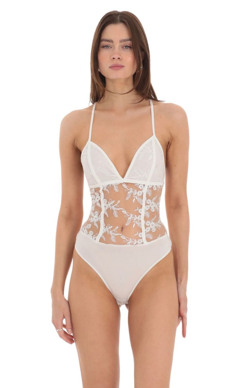 Clothing LUCY IN THE SKY | Lace V-Neck Bodysuit In White | Lucy In The Sky