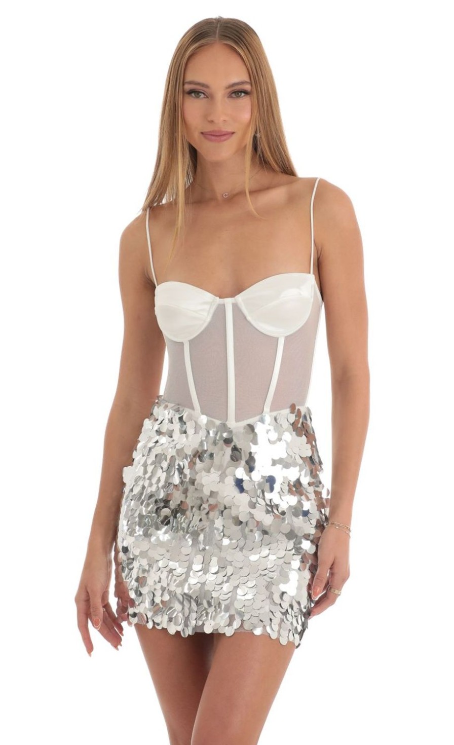 Clothing LUCY IN THE SKY | Dottie Sequin Corset Dress In White | Lucy In The Sky