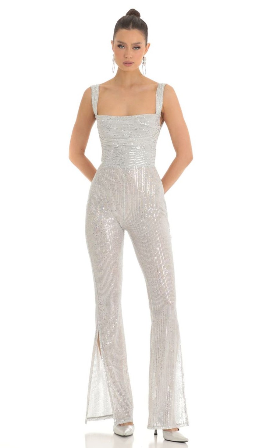 Clothing LUCY IN THE SKY | Lupita Sequin Wide Leg Slit Jumpsuit In Silver | Lucy In The Sky