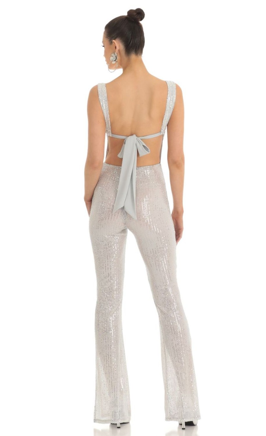 Clothing LUCY IN THE SKY | Lupita Sequin Wide Leg Slit Jumpsuit In Silver | Lucy In The Sky