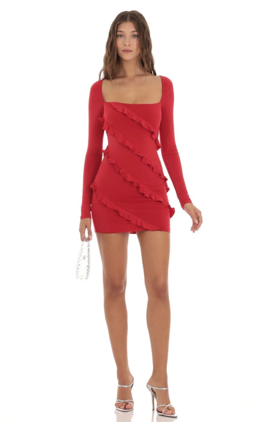 Clothing LUCY IN THE SKY | Ailani Ruffle Long Sleeve Dress In Red | Lucy In The Sky