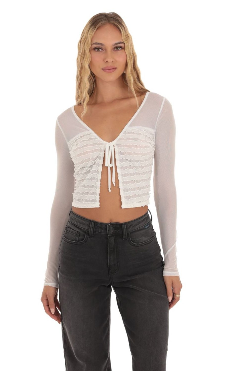 Clothing LUCY IN THE SKY | Harmoni Mesh Ruffle Top In White | Lucy In The Sky