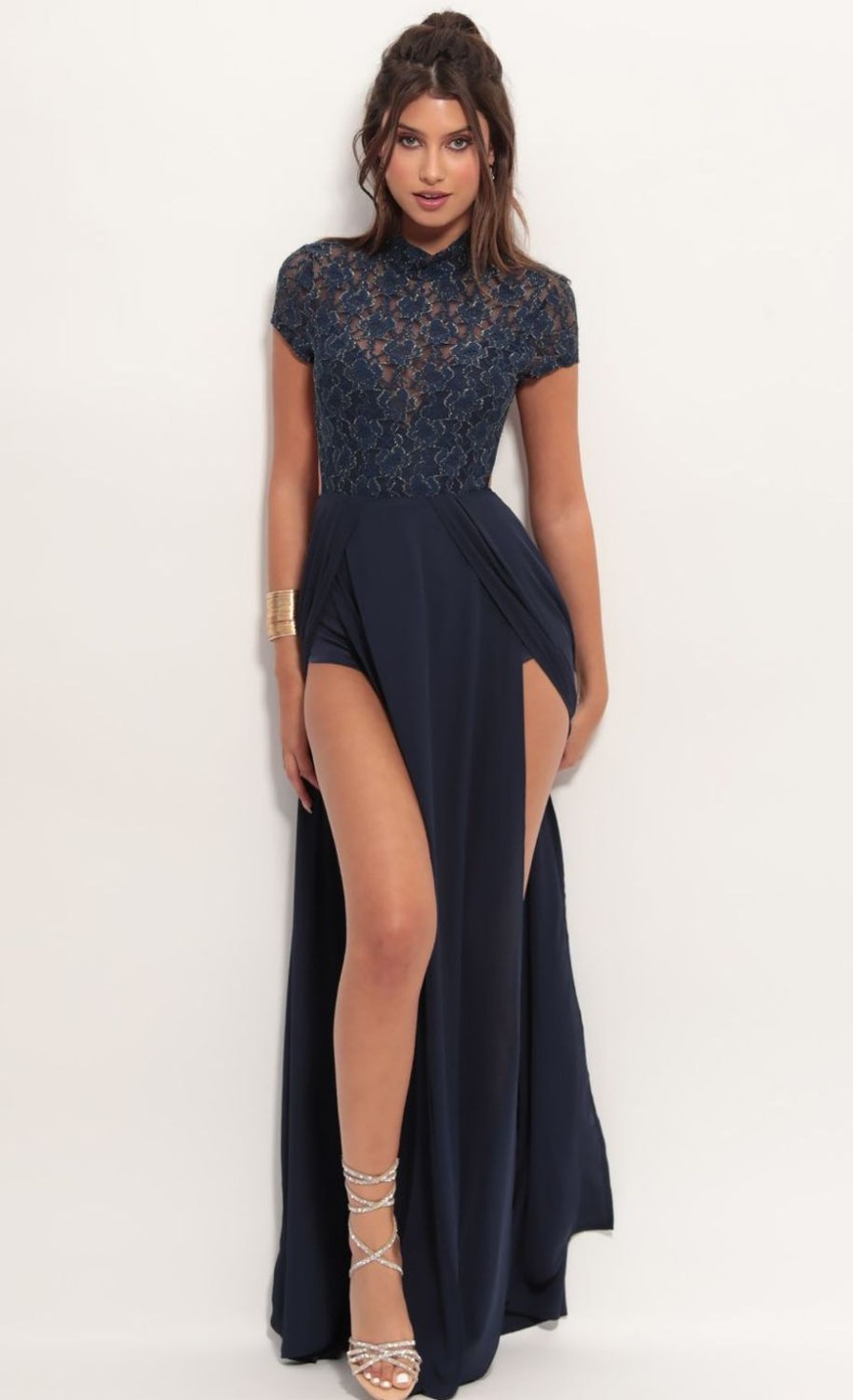 Clothing LUCY IN THE SKY | Couture Lace Maxi Dress In Navy Gold | Lucy In The Sky