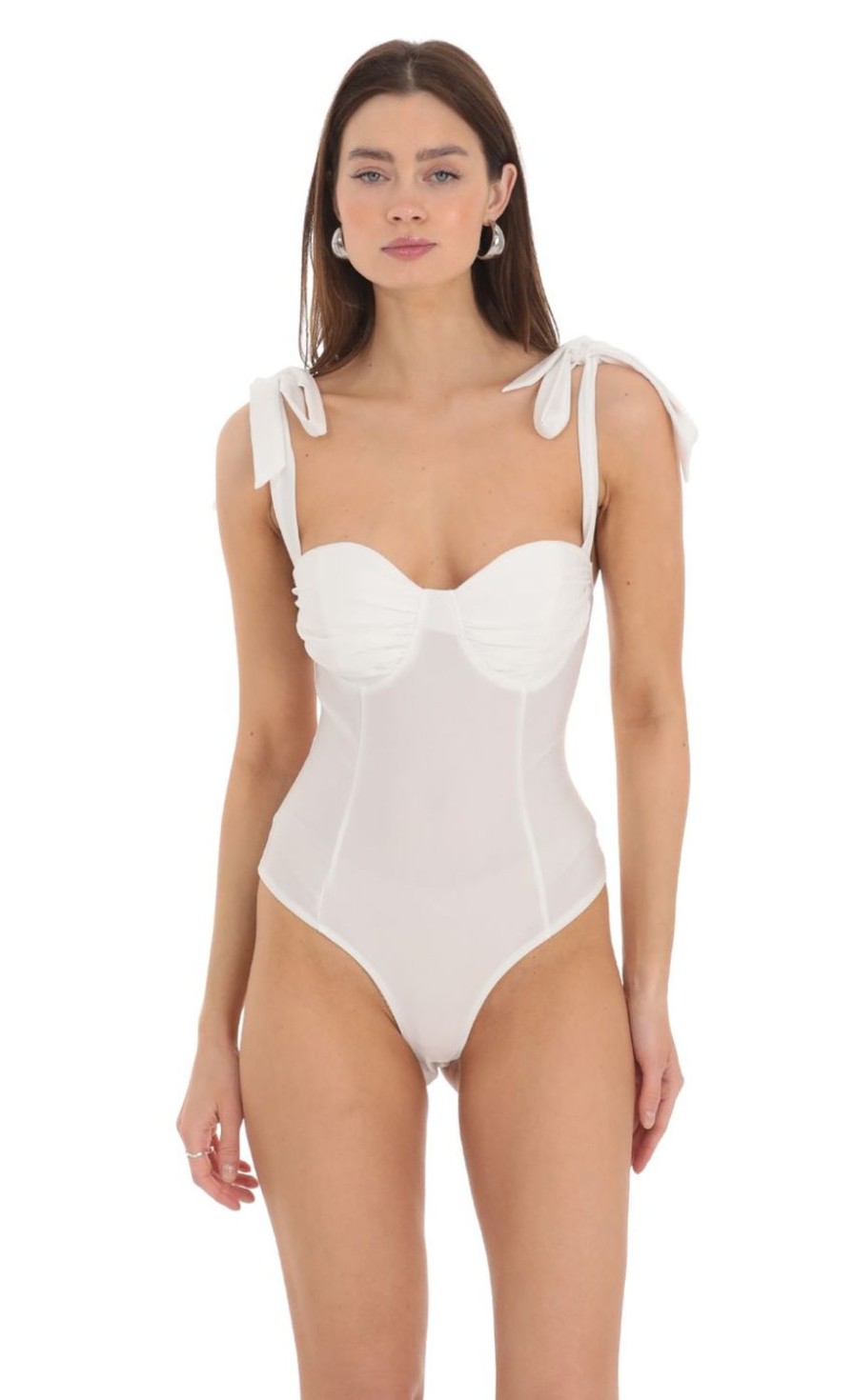 Clothing LUCY IN THE SKY | Shoulder Ties Bodysuit In White | Lucy In The Sky