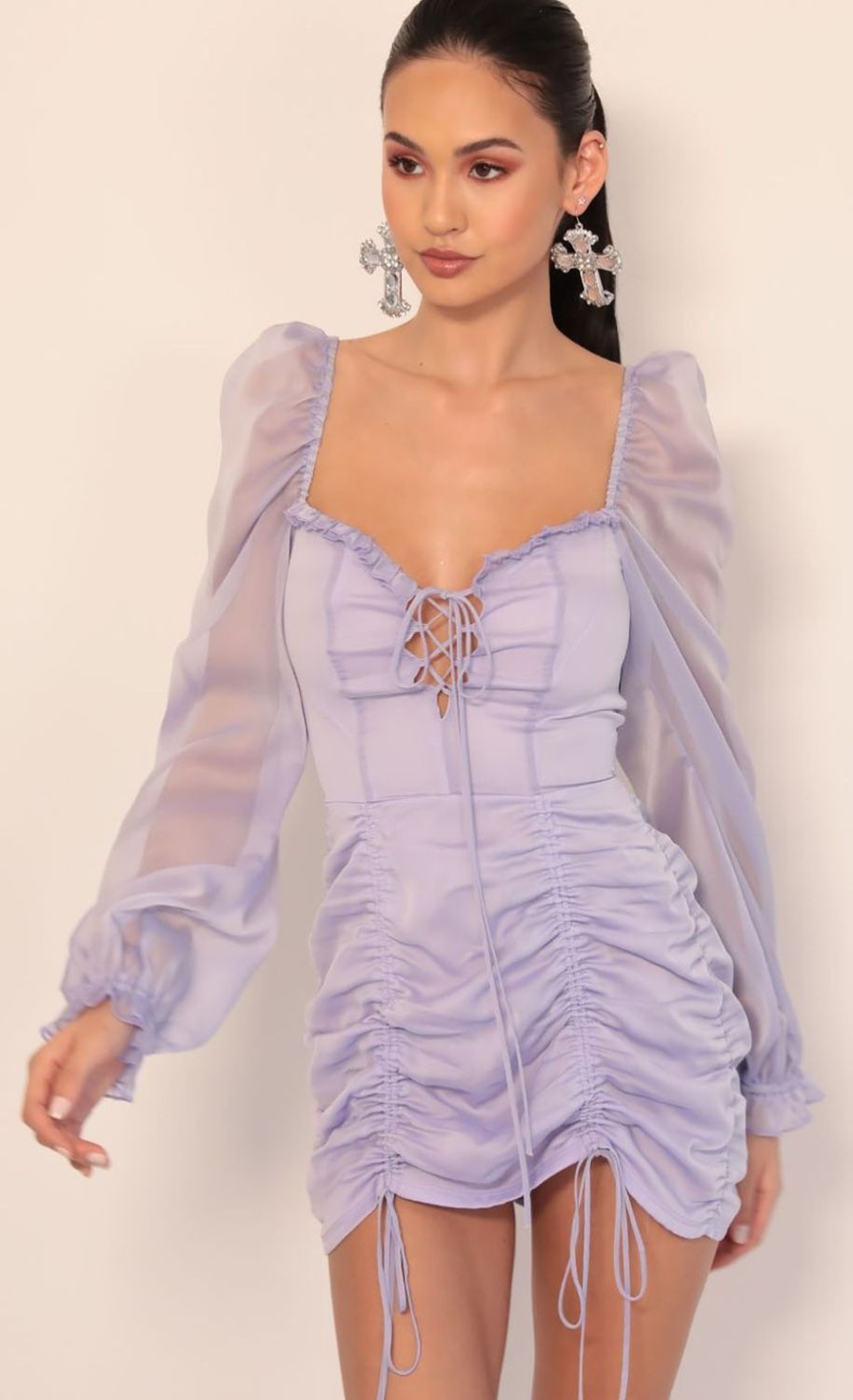 Clothing LUCY IN THE SKY | Couture Chiffon Puff Sleeve Dress In Lavender | Lucy In The Sky