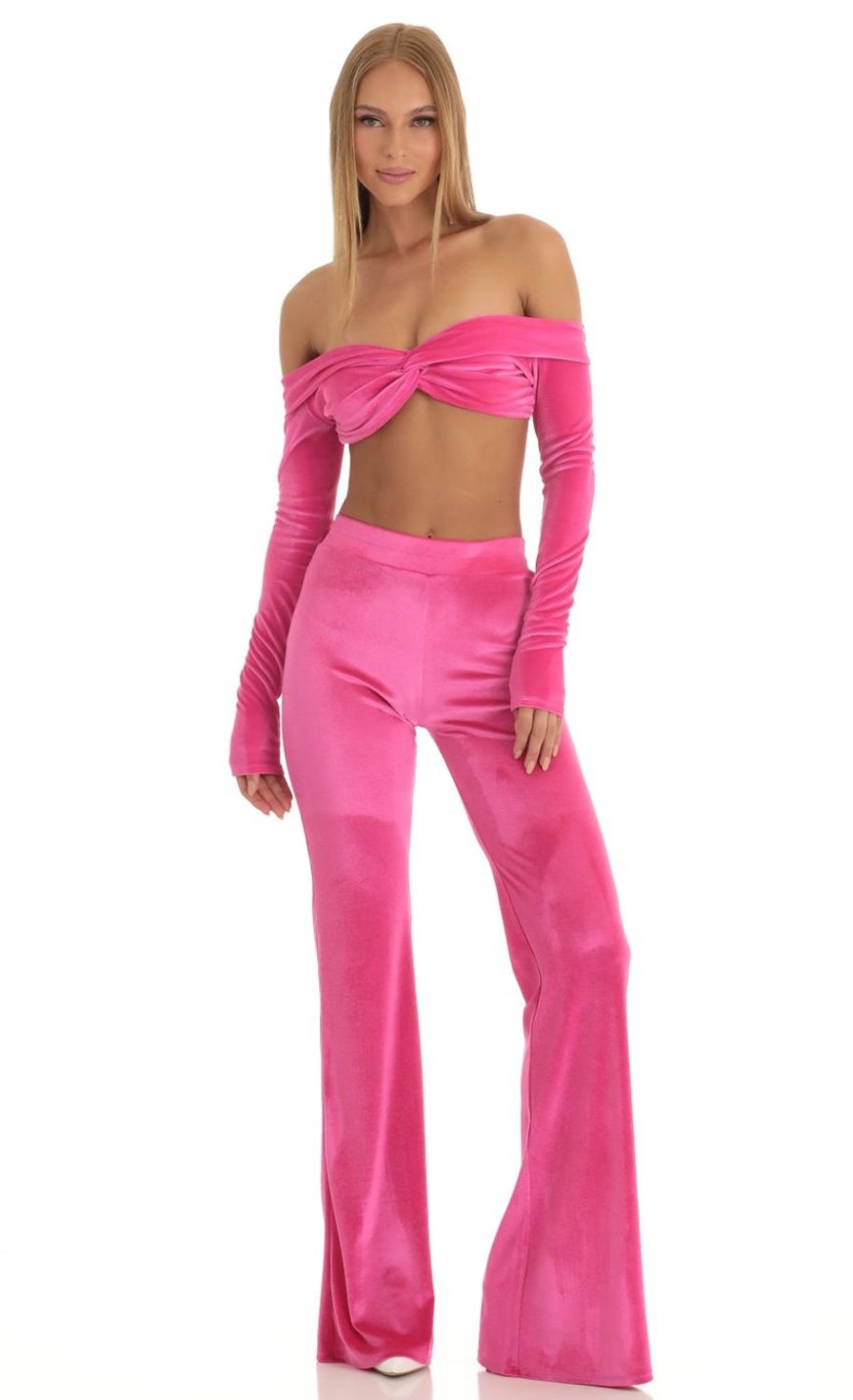 Clothing LUCY IN THE SKY | Zayla Velvet Two Piece Pant Set In Hot Pink | Lucy In The Sky