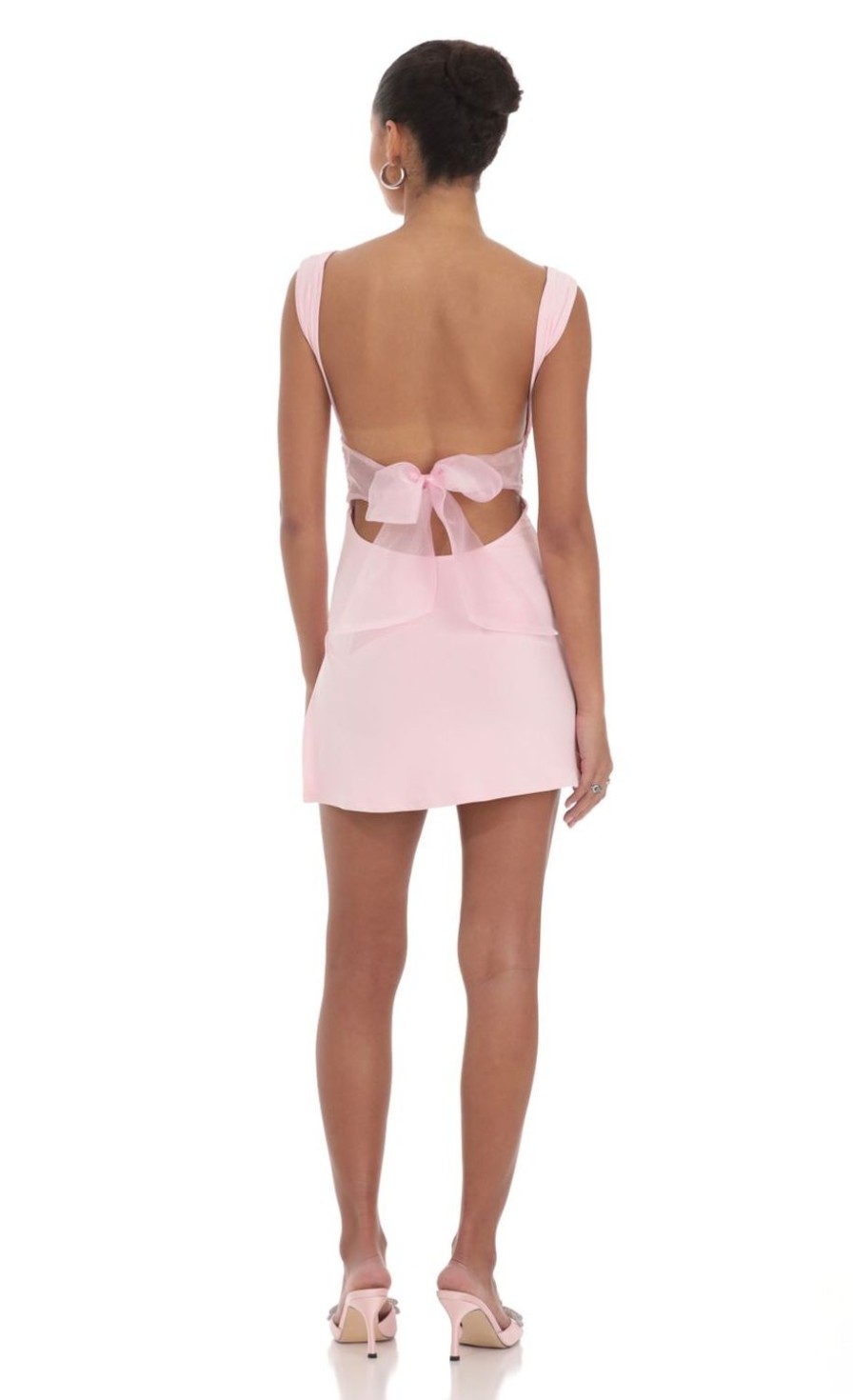 Clothing LUCY IN THE SKY | Tulle Back Bow Ruched Bodycon Dress In Pink | Lucy In The Sky