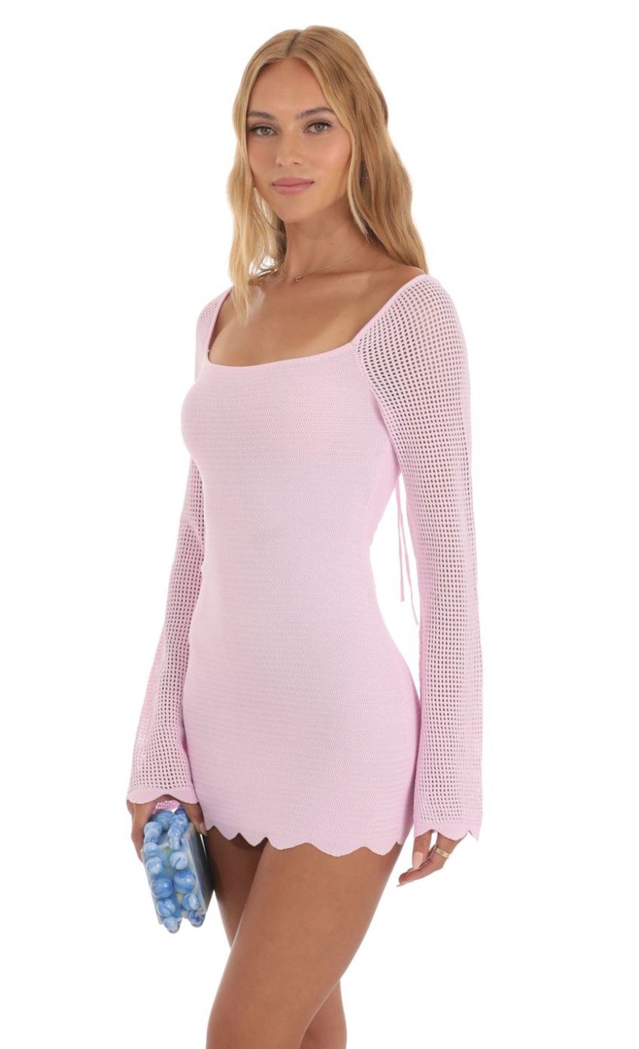 Clothing LUCY IN THE SKY | Attorina Crochet Bell Sleeve Dress In Pink | Lucy In The Sky