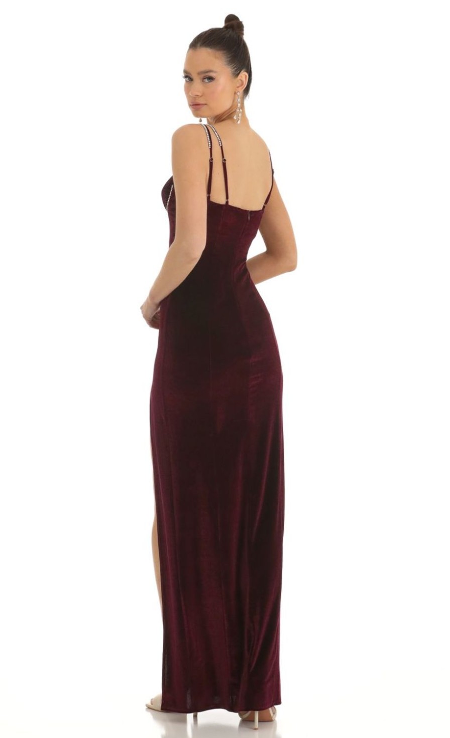 Clothing LUCY IN THE SKY | Telsa Rhinestone Bust Velvet Maxi Dress In Dark Red | Lucy In The Sky