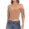 Clothing LUCY IN THE SKY | Ribbed Off Shoulder Corset Top In Brown | Lucy In The Sky