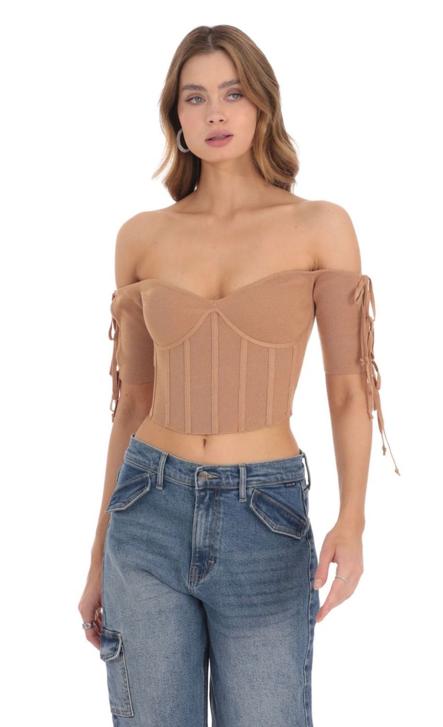 Clothing LUCY IN THE SKY | Ribbed Off Shoulder Corset Top In Brown | Lucy In The Sky