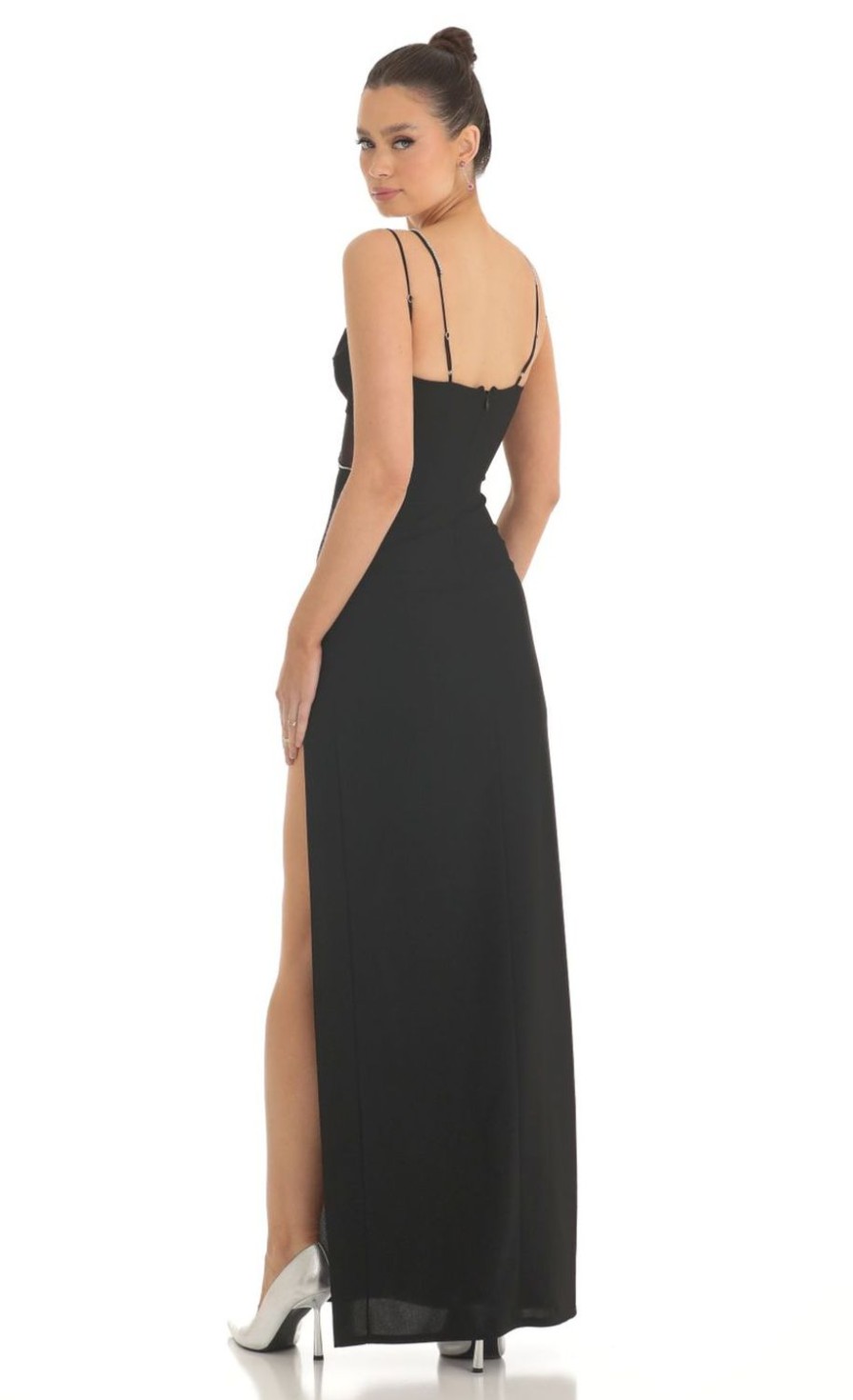 Clothing LUCY IN THE SKY | Dorian Rhinestone Crepe Cutout Maxi Dress In Black | Lucy In The Sky