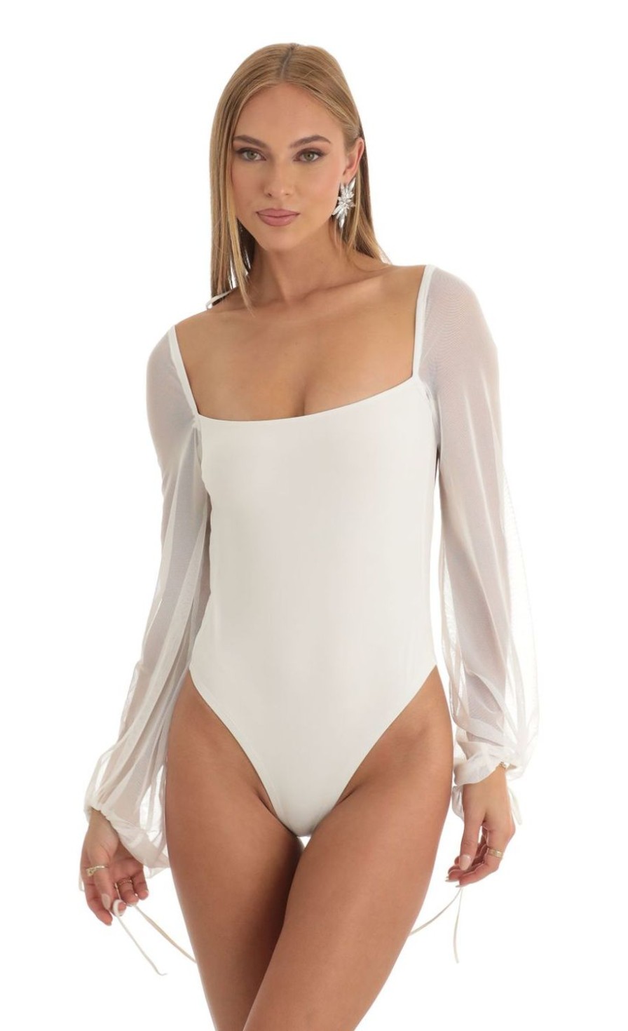 Clothing LUCY IN THE SKY | Mesh Long Sleeve Bodysuit In White | Lucy In The Sky