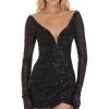 Clothing LUCY IN THE SKY | Sequin V-Neck Long Sleeve Dress In Black | Lucy In The Sky