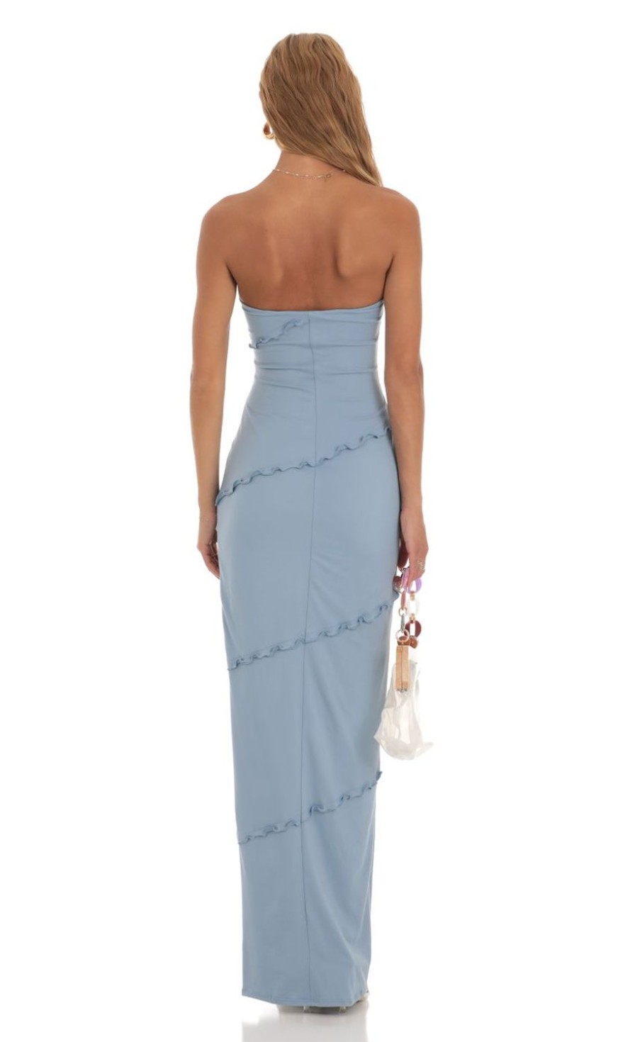 Clothing LUCY IN THE SKY | Kesia Ruffle Strapless Dress In Blue | Lucy In The Sky