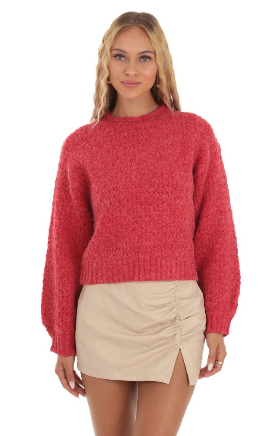 Clothing LUCY IN THE SKY | Chunky Knit Mock Neck Jumper In Red | Lucy In The Sky