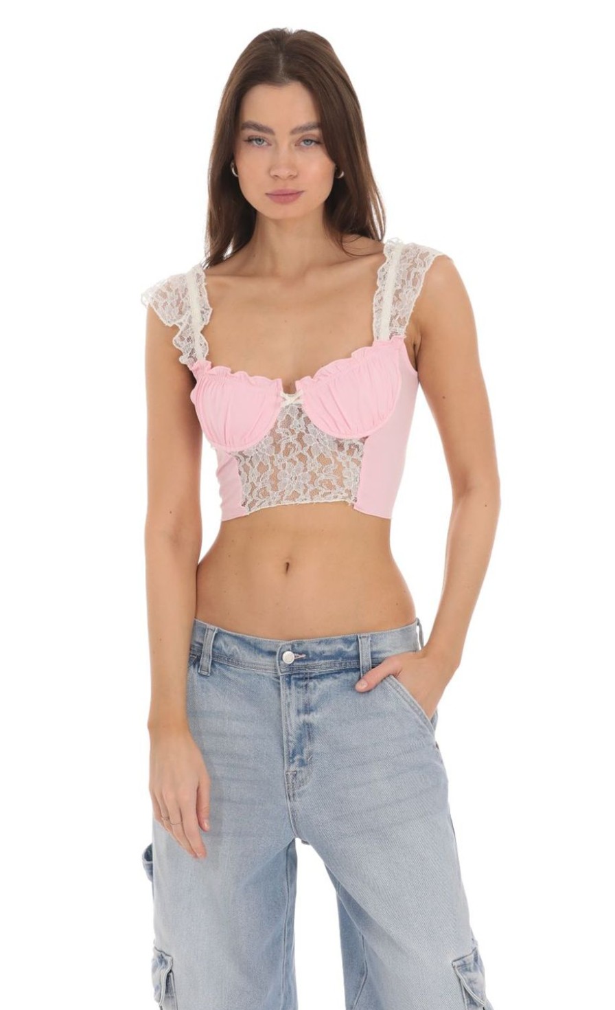 Clothing LUCY IN THE SKY | Lace Cutout Top In Pink | Lucy In The Sky