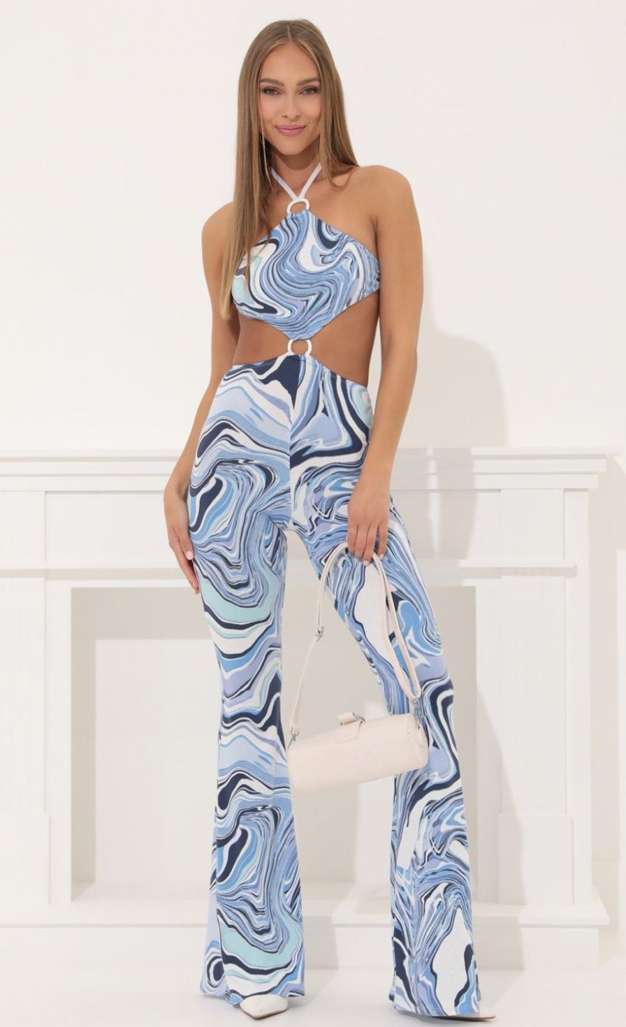 Clothing LUCY IN THE SKY | Cecilia Halter Jumpsuit In Blue Swirl | Lucy In The Sky