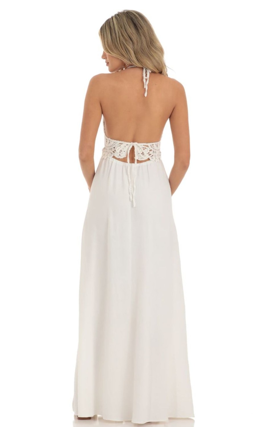 Clothing LUCY IN THE SKY | Quinne Crochet Cut-Out Maxi Dress In White | Lucy In The Sky