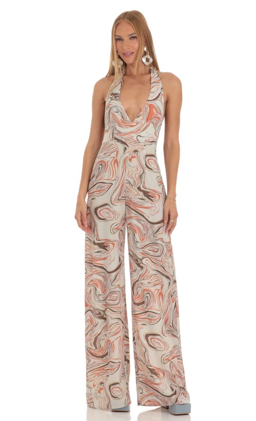 Clothing LUCY IN THE SKY | Tymia Jumpsuit In Orange Swirl | Lucy In The Sky