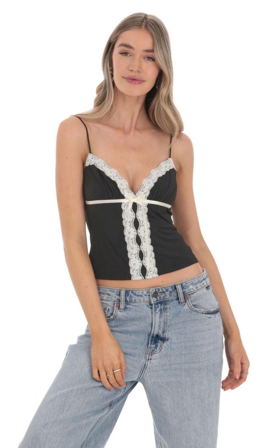 Clothing LUCY IN THE SKY | Lace Bow Top In Black | Lucy In The Sky