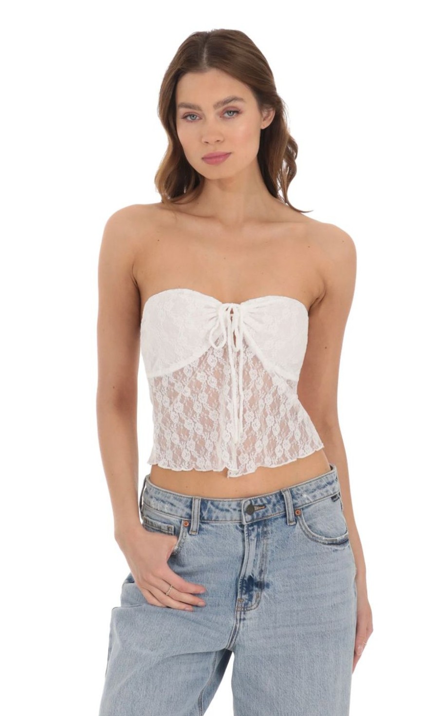 Clothing LUCY IN THE SKY | Lace Front Tie Top In White | Lucy In The Sky