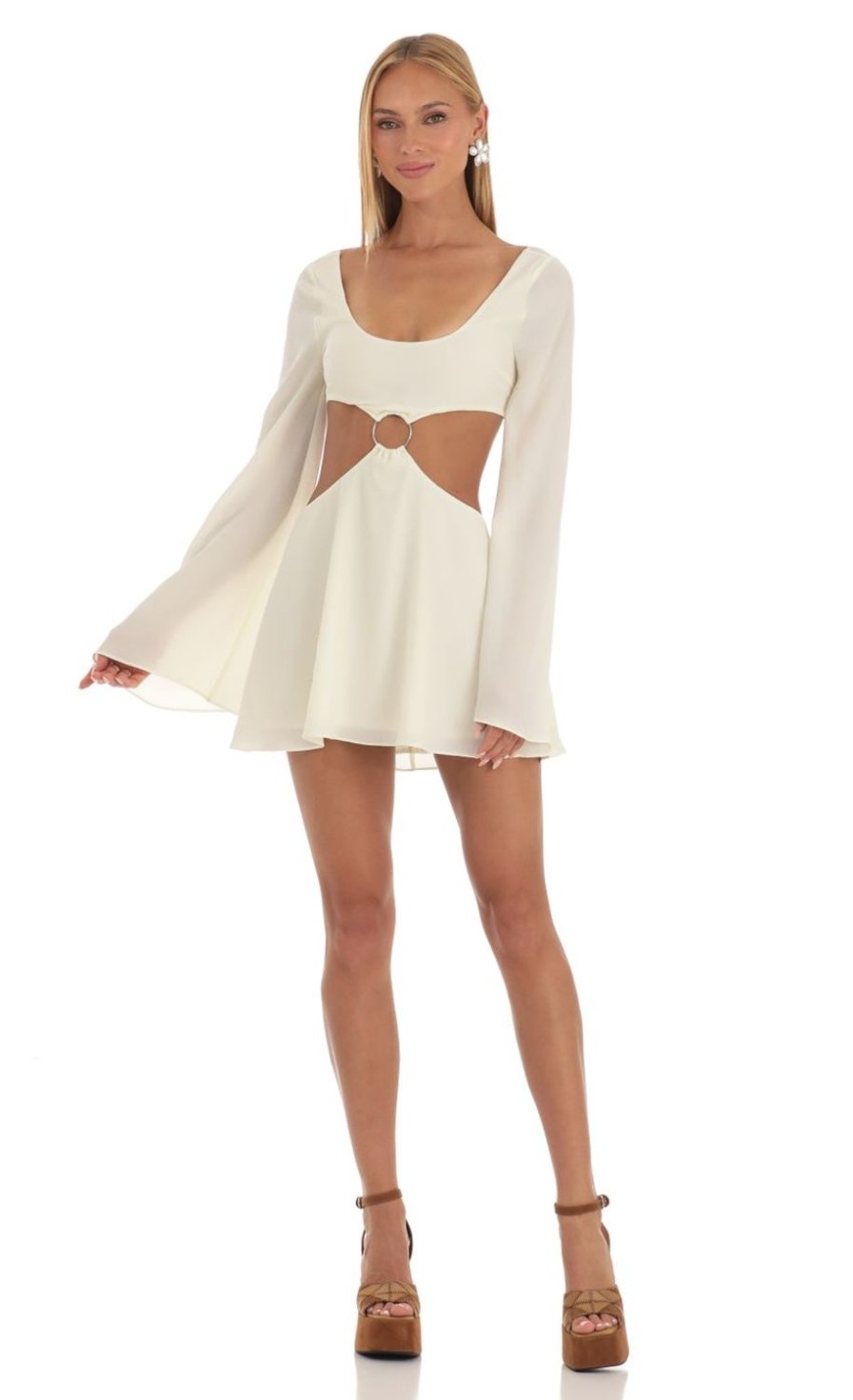 Clothing LUCY IN THE SKY | Maryna Long Sleeves Cutout Dress In Cream | Lucy In The Sky