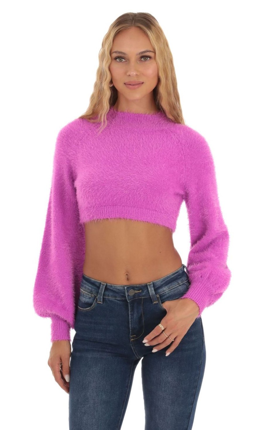 Clothing LUCY IN THE SKY | Fuzzy Knit Mock Neck Jumper In Magenta | Lucy In The Sky