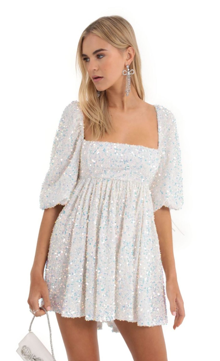 Clothing LUCY IN THE SKY | Afia Velvet Sequin Baby Doll Dress In White | Lucy In The Sky