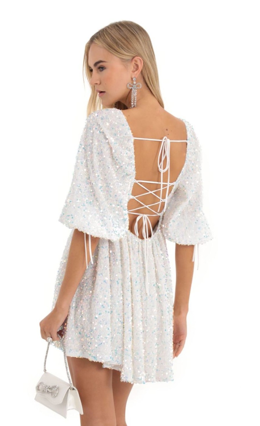 Clothing LUCY IN THE SKY | Afia Velvet Sequin Baby Doll Dress In White | Lucy In The Sky