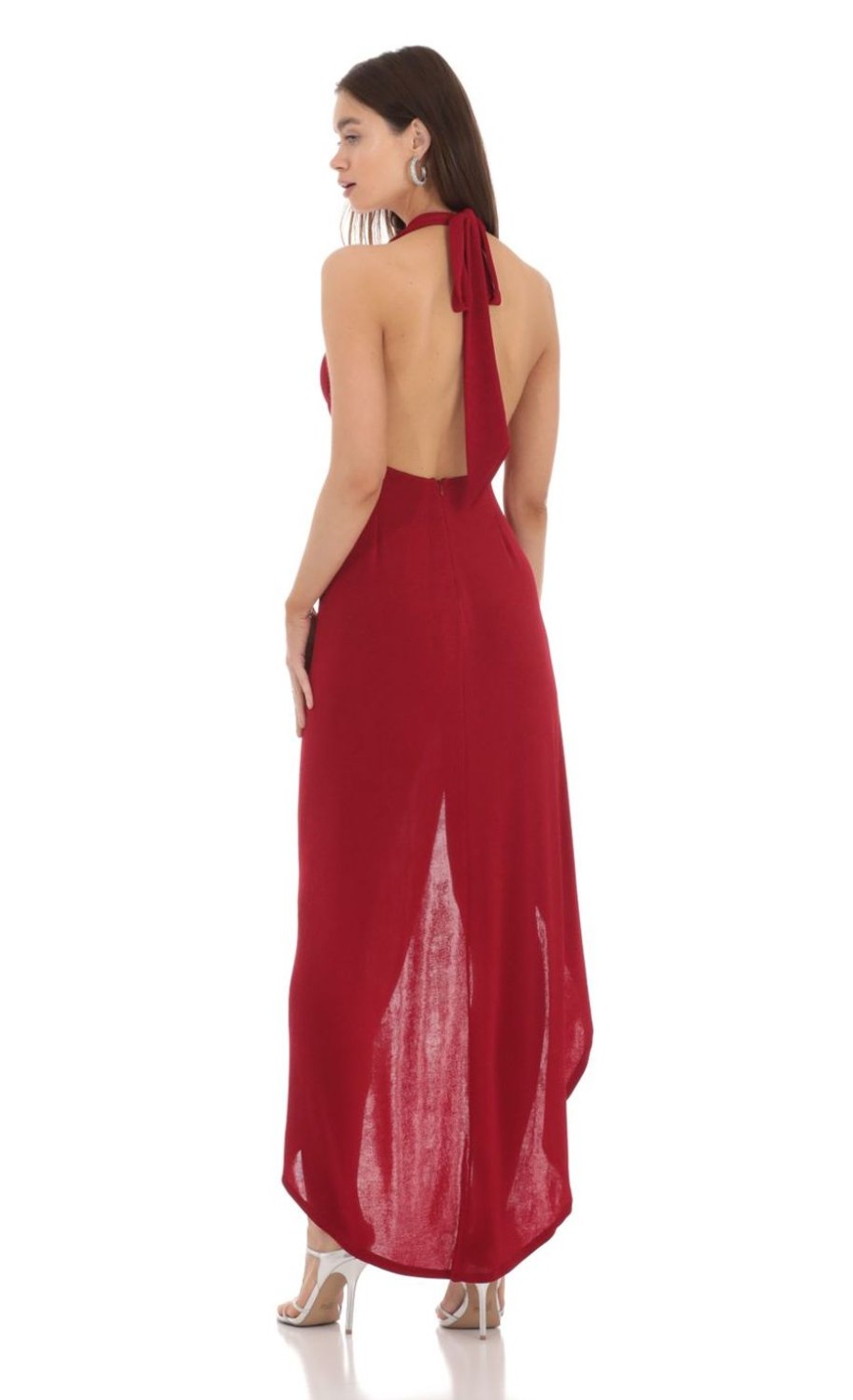 Clothing LUCY IN THE SKY | Cowl Neck Halter Maxi Dress In Red | Lucy In The Sky