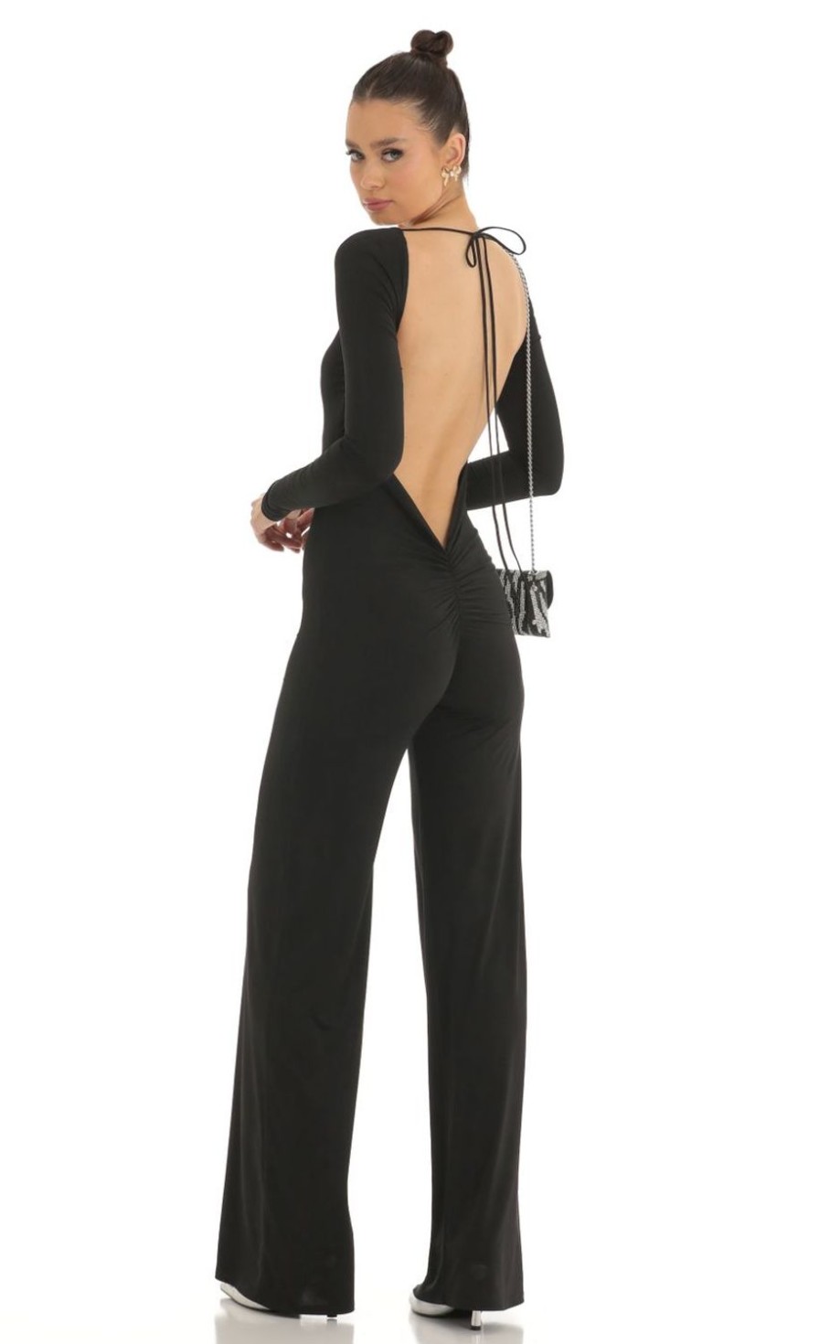 Clothing LUCY IN THE SKY | Sahari Open Back Long Sleeve Jumpsuit In Black | Lucy In The Sky