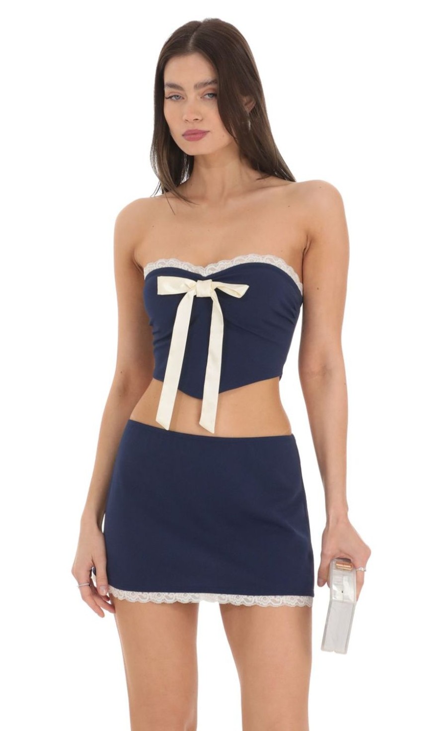 Clothing LUCY IN THE SKY | Pointed Bow Two Piece Set In Navy | Lucy In The Sky