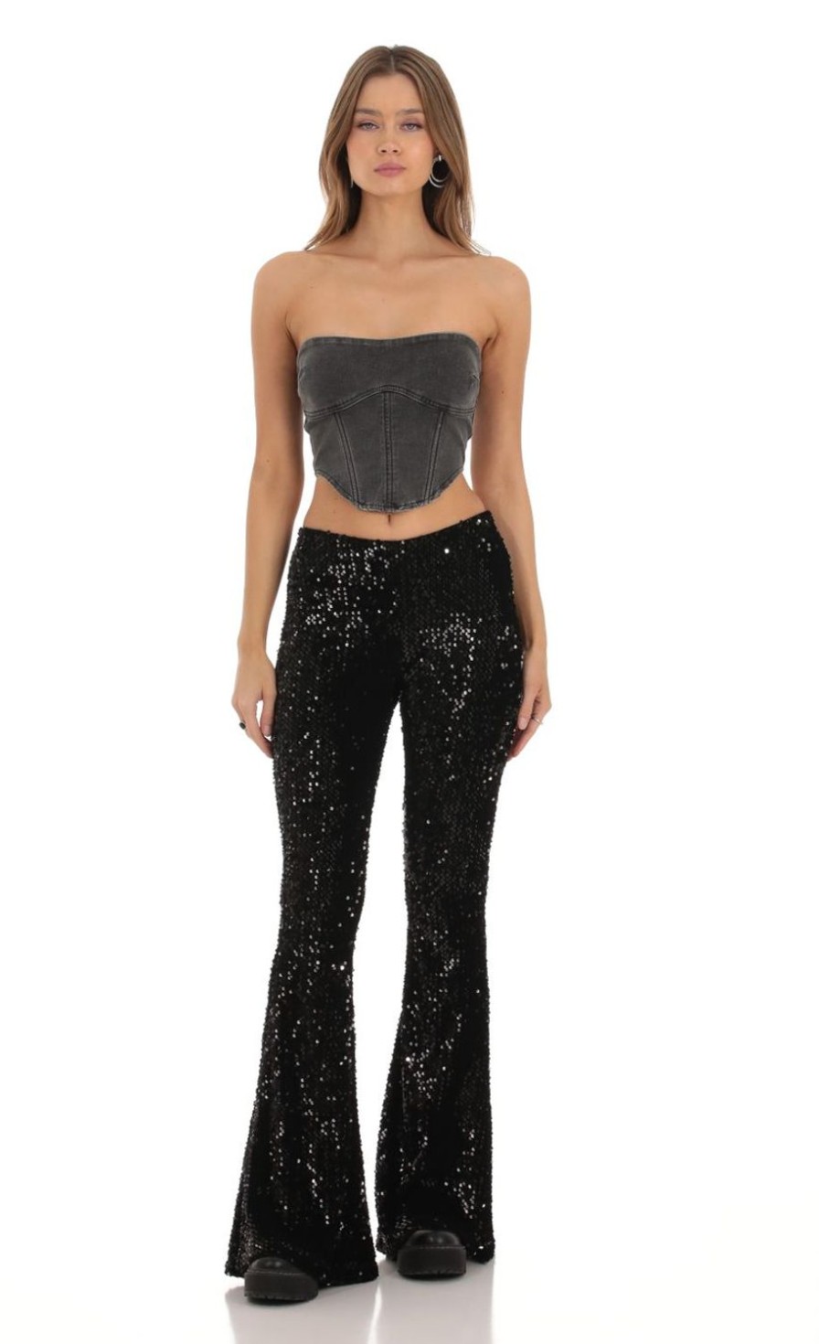 Clothing LUCY IN THE SKY | Reign Velvet Sequin Pants In Black | Lucy In The Sky