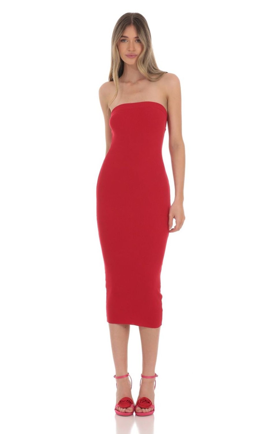 Clothing LUCY IN THE SKY | Strapless Ribbed Bodycon Midi Dress In Red | Lucy In The Sky