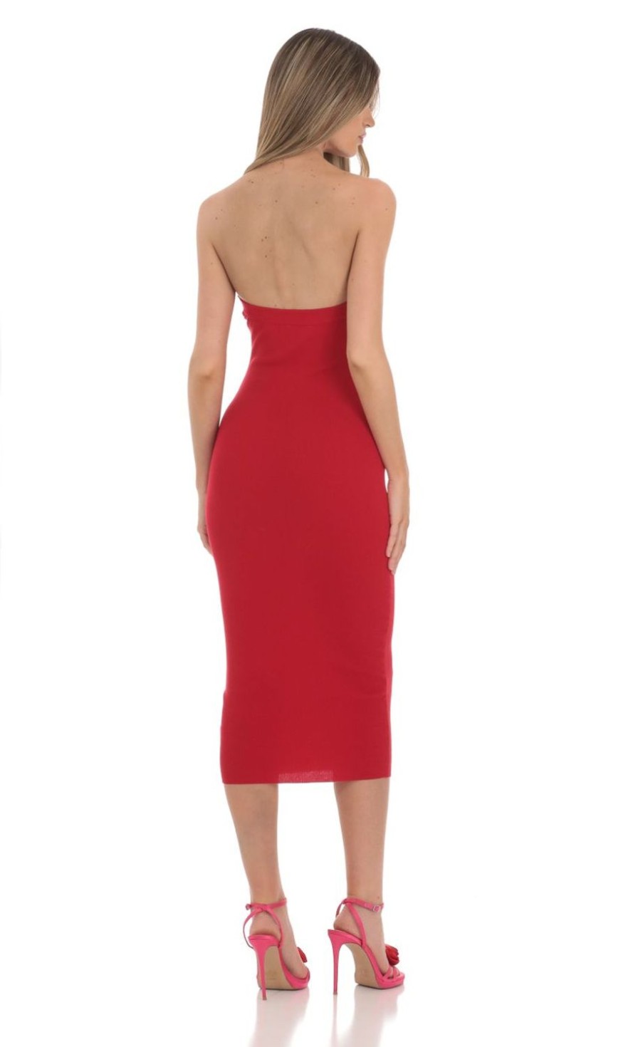 Clothing LUCY IN THE SKY | Strapless Ribbed Bodycon Midi Dress In Red | Lucy In The Sky