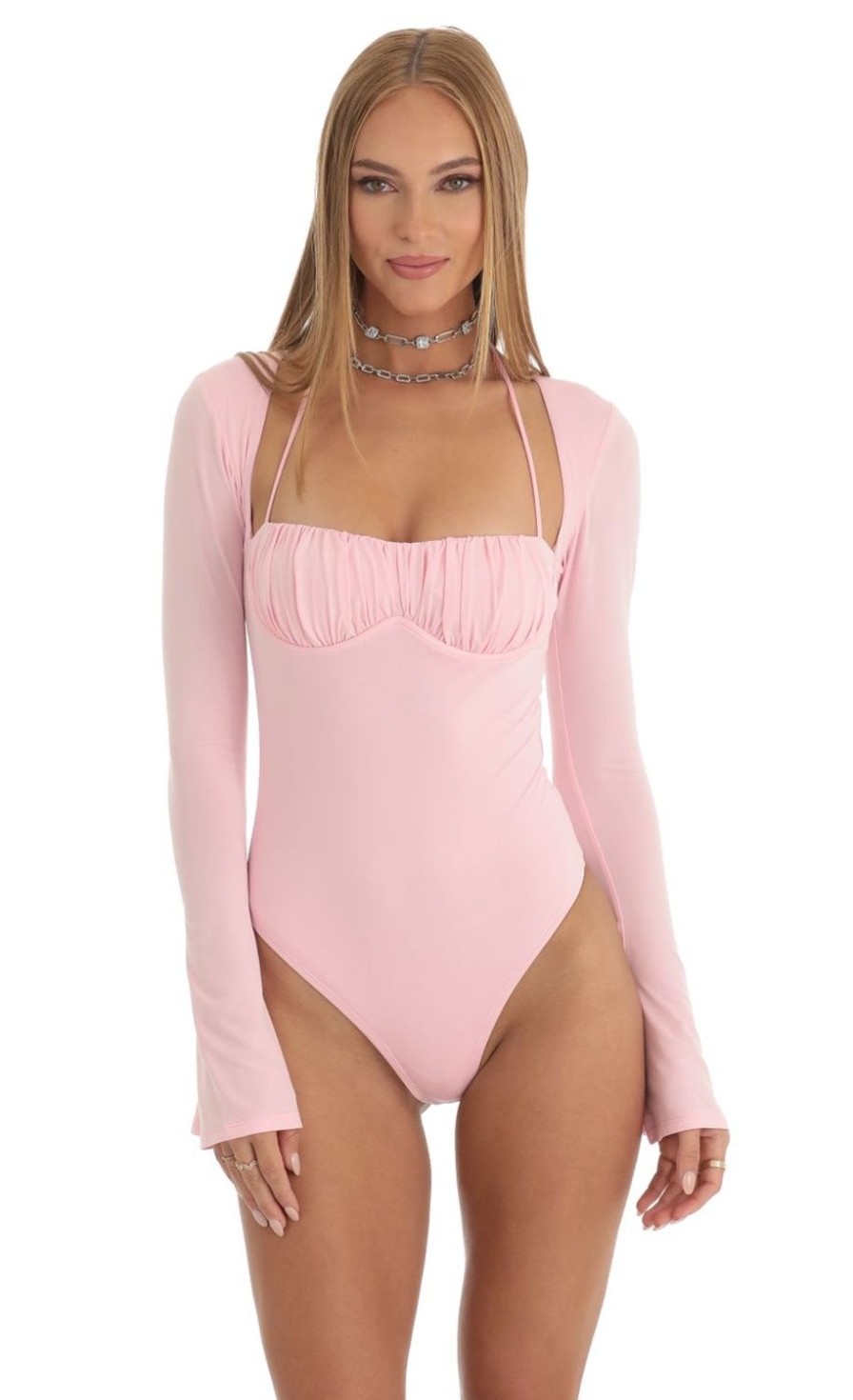 Clothing LUCY IN THE SKY | Flare Long Sleeve Bodysuit In Pink | Lucy In The Sky